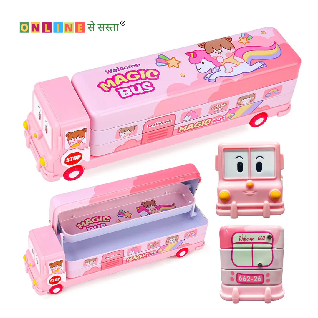 Stylish Metal Pencil Box for Kids – Pink School Bus Shape with Moving Wheels