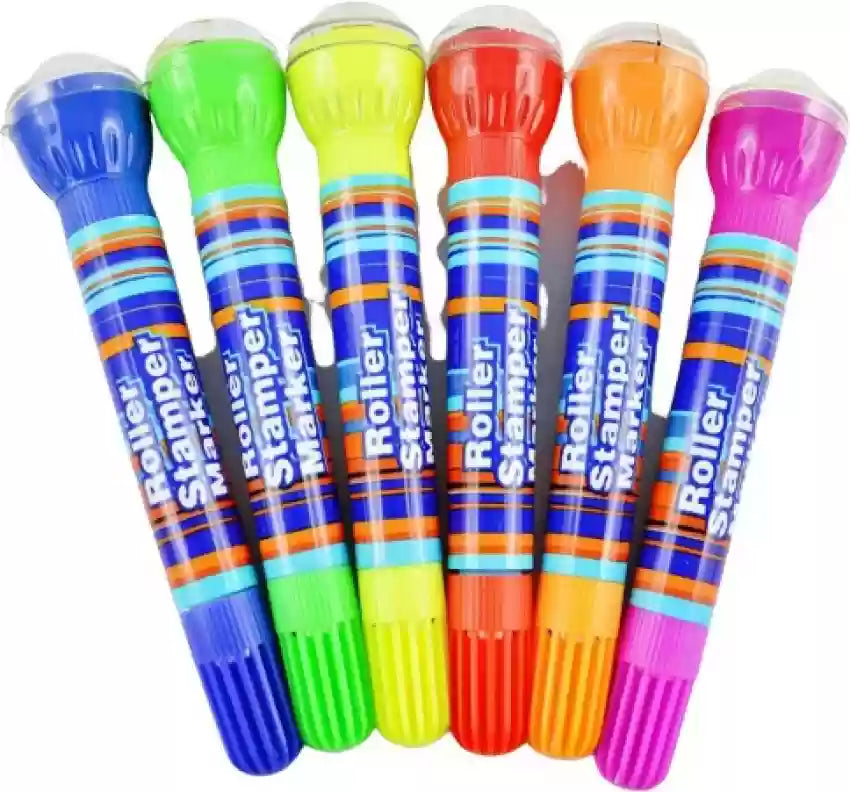 2 In 1 Roller Stamper Marker Pen Stationary (6 Pcs Set, Multicolor)