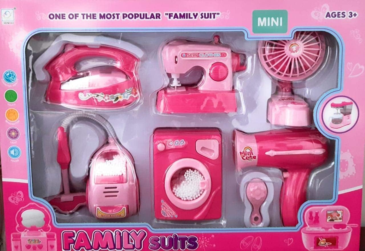 Household Home Appliances Kitchen New Play Sets Toys for Girls with Realistic Sound, Washing Machine, Sewing Machine, Vacuum Cleaner & Iron (Pink) (6Pcs)