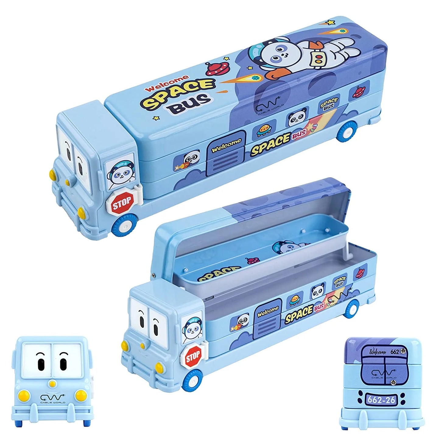 Stylish Metal Pencil Box for Kids – Pink School Bus Shape with Moving Wheels