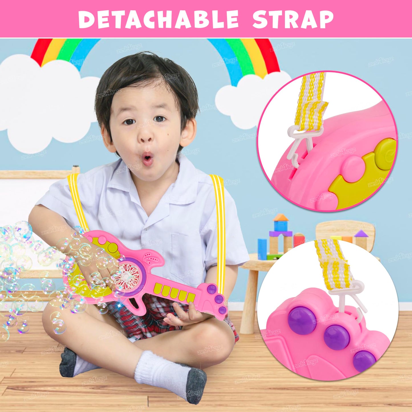 Electric Bubble Guitar Toy for Kids – Rechargeable Bubble Blower Machine with Music, Lights & Strap