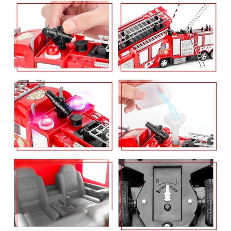 Remote Control Fire Truck Smoke Spray Fire Brigade Rescue Truck 2.4 Ghz with Mist Water Spray Function Remote Control Toy for Kids - Red