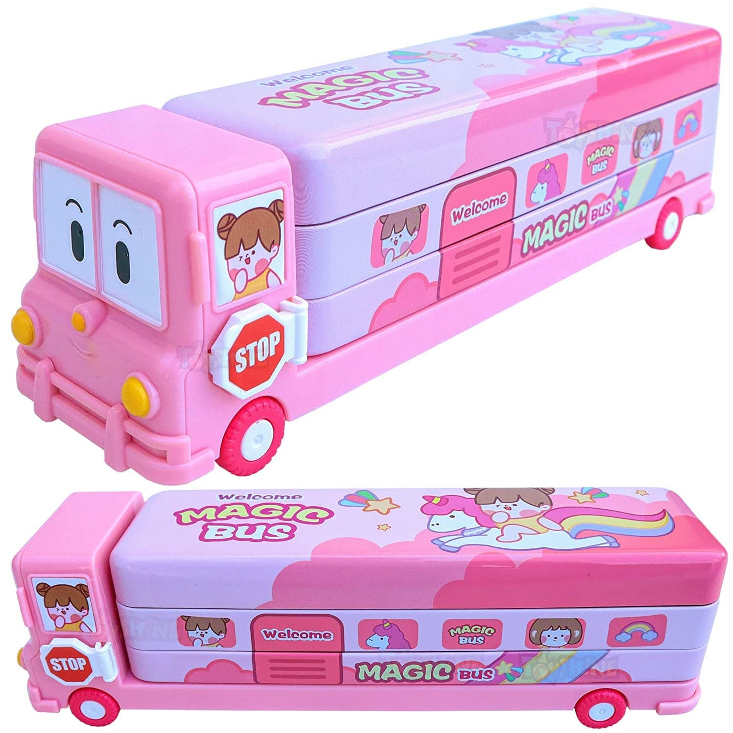 Stylish Metal Pencil Box for Kids – Pink School Bus Shape with Moving Wheels