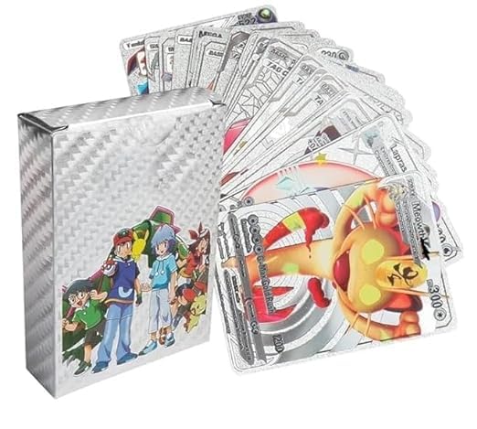 Playing Cards for Kids, 55 PCS,Rainbow Foil Card Assorted Cards TCG Deck Box - V Series Cards Vmax GX Rare Golden Cards and Common-Rare Mystery Card (Silver)