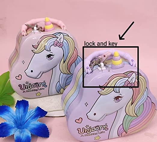 Unicorn Piggy Bank - Stylish Money Saving Tin Coin Bank with Lock and Key