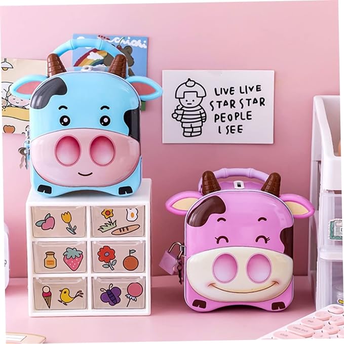 Cute Cow shaped Money Bank for Kids with Lock and Keys| Steel Coin Bank| 3D embossing Coin Bank