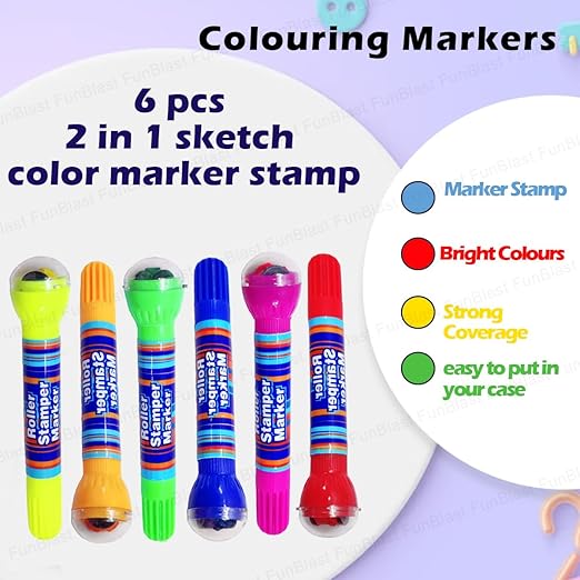 2 In 1 Roller Stamper Marker Pen Stationary (6 Pcs Set, Multicolor)