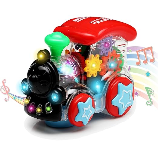 Battery Operated Gear Transparent Train Engine Toy with LED Lights and Musical Sound | Bump & Go Action Toy Train Engine for Kids