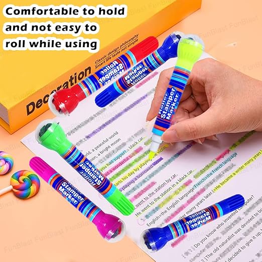 2 In 1 Roller Stamper Marker Pen Stationary (6 Pcs Set, Multicolor)