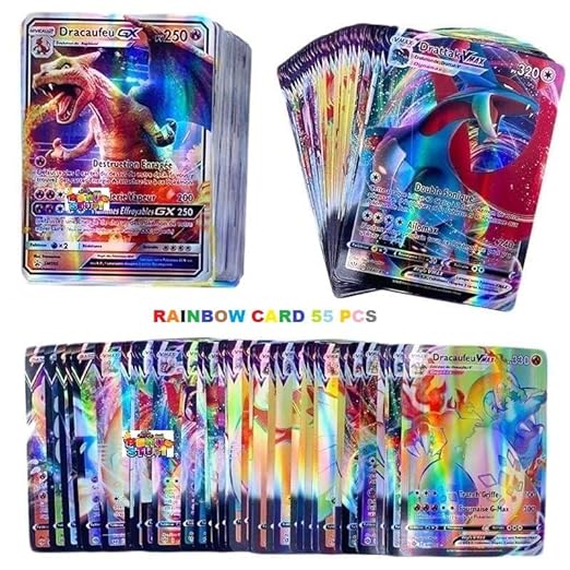 Playing Cards for Kids, 55 PCS,Rainbow Foil Card Assorted Cards TCG Deck Box - V Series Cards Vmax GX Rare Golden Cards and Common-Rare Mystery Card