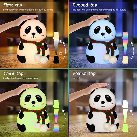 Panda Touch Silicone Lamp,7 Colour Changing Night Light for Kids Bedroom,USB Rechargeable with Gesture Control