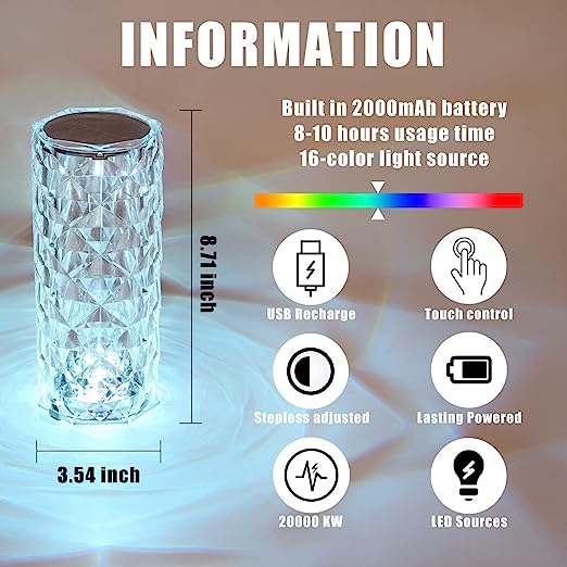 Conquer Crystal Rose Diamond Lamp for Bedroom - 16 Colour Changing LED Night Lights USB Remote & Touch Control Night Lamp | Touch Controle | 16 Color LED Light