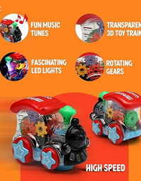 Battery Operated Gear Transparent Train Engine Toy with LED Lights and Musical Sound | Bump & Go Action Toy Train Engine for Kids
