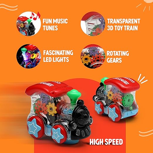 Battery Operated Gear Transparent Train Engine Toy with LED Lights and Musical Sound | Bump & Go Action Toy Train Engine for Kids