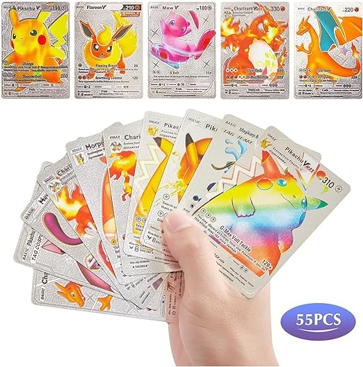 Playing Cards for Kids, 55 PCS,Rainbow Foil Card Assorted Cards TCG Deck Box - V Series Cards Vmax GX Rare Golden Cards and Common-Rare Mystery Card (Silver)