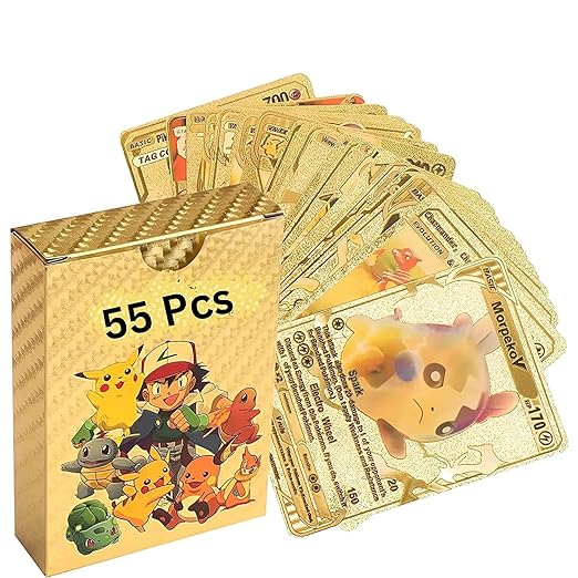 Playing Cards for Kids, 55 PCS,Rainbow Foil Card Assorted Cards TCG Deck Box - V Series Cards Vmax GX Rare Golden Cards and Common-Rare Mystery Card (Golden)