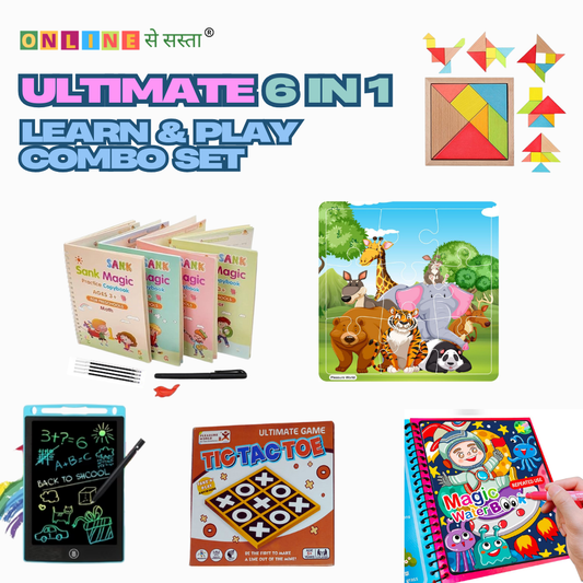 Ultimate 6 in 1 Learn & Play Complete Combo Set for Kids | Set of 4 Sank Magic Book, 1 Water Magic Book, 1 Led Tablet, 1 Tic Toe Game, 3 Jigsaw Puzzle & 2 Different Shaped Tangram