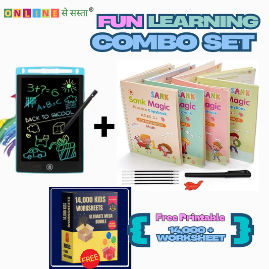Fun Learning Combo Set for Kids | Sank Magic book Set (set of 4) + LCD Colour Writing Tablet 8.5Inch  & 14000+ Printable Worksheets PDF Free**