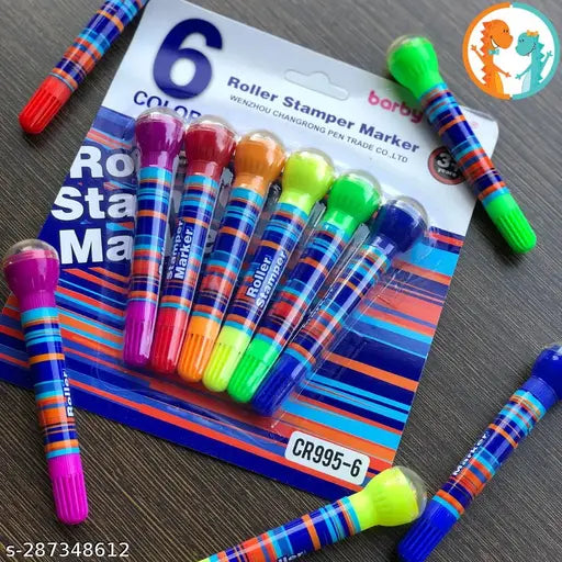 2 In 1 Roller Stamper Marker Pen Stationary (6 Pcs Set, Multicolor)