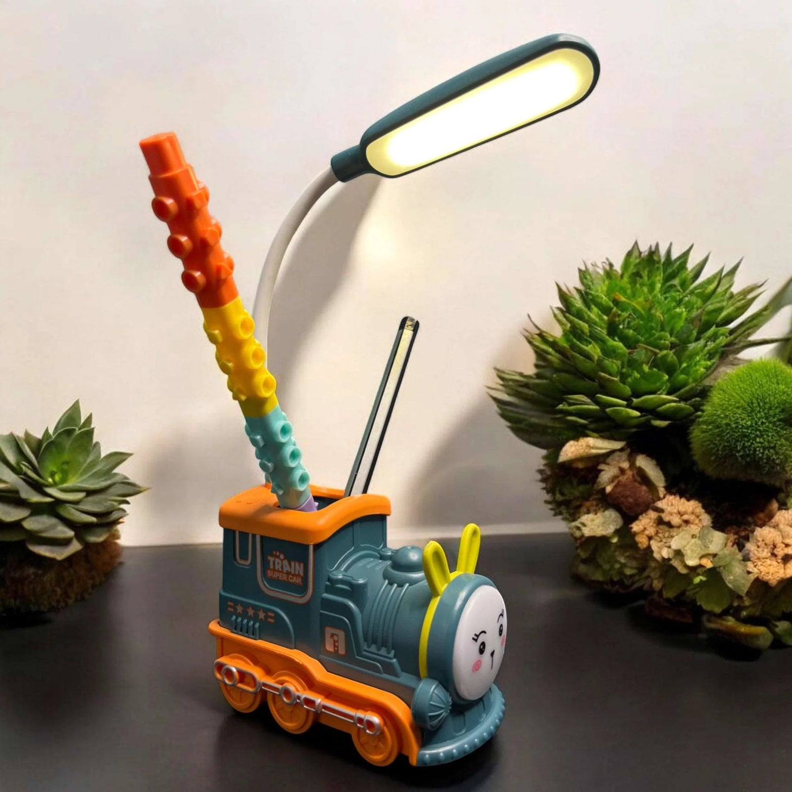 USB Rechargeable Eye Protection Reading Train Engine Shape LED Desk Lamp with Pen Holder