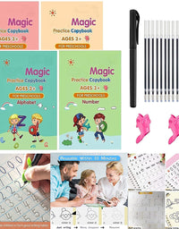 MAGIC BOOK Practice Copybook, Number Tracing Book for Preschoolers with Pen, Magic books for kids Reusable Writing Tool (4 BOOK + 10 REFILL+ 1 PEN)
