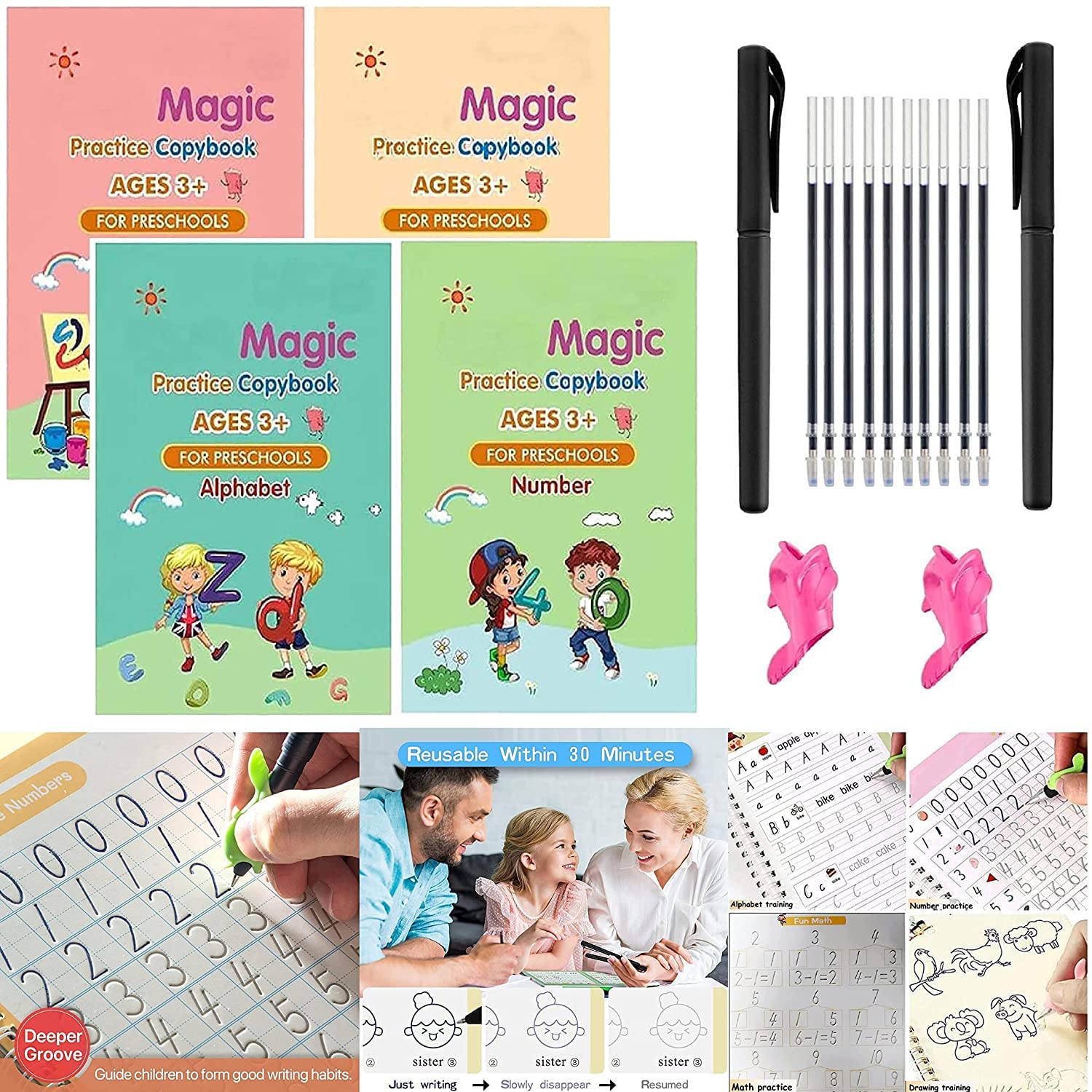 MAGIC BOOK Practice Copybook, Number Tracing Book for Preschoolers with Pen, Magic books for kids Reusable Writing Tool (4 BOOK + 10 REFILL+ 1 PEN)