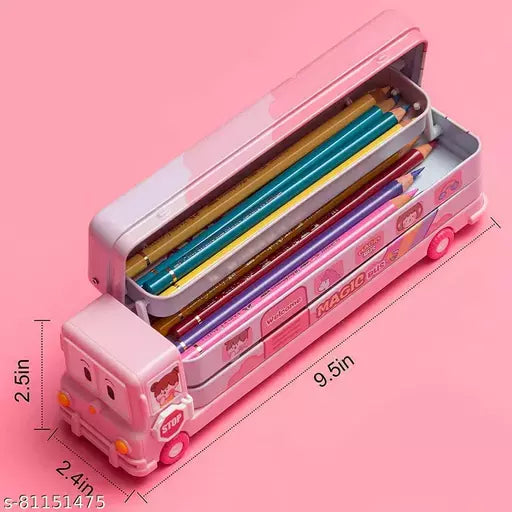 School Bus Pencil Box For Girls - Pack of 1 Compass Box With Wheel / Stylish School Bus Geometry Box / Car Pencil Box Set Bus Toys For Kids 3+ Years /Kids Geometry Box / school supplies for girls